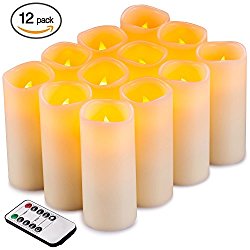 Flameless Candles Flickering LED Candles Set of 12 (D:2.2″ X H:5″) Ivory Real Wax Pillar Battery Opeated Candles with 10-key Remote and Cycling 24 Hours Timer
