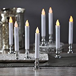 Flameless White LED Taper Candles with Silver Removable Candle Holders, Remote & Batteries Included – Set of 8