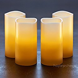 Hayley Cherie – Real Wax Flameless Candles with Timer (Set of 4) – Ivory LED Candles 3” wide x 6” tall – Flickering Amber Flame – Battery Operated Pillar Candles – Large Unscented