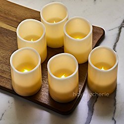 Hayley Cherie – Real Wax Flameless Candles with Timer (Set of 6) – Ivory LED Candles 3” wide x 4” tall – Flickering Amber Flame – Battery Operated Pillar Candles – Large Unscented
