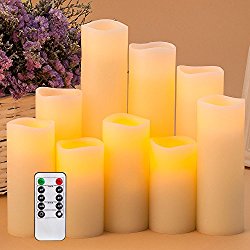 Pandaing Flameless Candles Battery Operated LED Pillar Real Wax Flickering Electric Unscented Candles with Remote Control Cycling 24 Hours Timer, Ivory Color, Set of 9