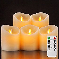 Pandaing Set of 5 Realistic Moving Flame Real Wax Flameless Candles with 10-Key Remote Control and 2 4 6 8 Hours Timer Function