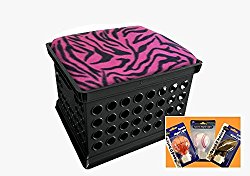 Black Utility Crate Storage Container Ottoman Bench Stool with Your Choice of Seat Cushion Theme! (Fuschia Zebra)