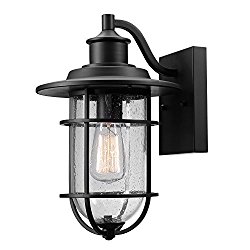 Globe Electric Turner 1-Light Outdoor Wall Sconce, Black Finish, Seeded Glass Shade, 44094