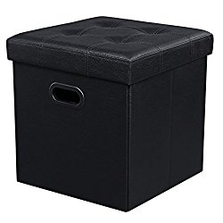 SONGMICS Folding Storage Ottoman Cube Footrest Seat, Faux Leather, Black ULSF30B