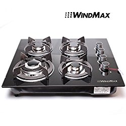 Windmax US Seller 24″ 3.3KW Kitchen Glass Built-in 4 Burners Gas Hob Cooktop Cookware