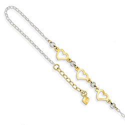 14k Gold Two-Tone Gold Oval Link with Diamond-Cut Beads and Heart with 1in Ext Anklet Bracelet -9″ (9in x 1mm)