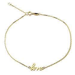 LoveBling 10K Yellow Gold .5mm Rolo Chain with “Love” Charm Anklet Adjustable 9″ to 10″