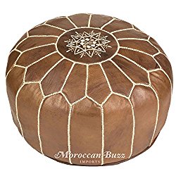 Moroccan Buzz UNSTUFFED Premium Leather Pouf Ottoman Cover, Natural Brown (UNSTUFFED Pouf)