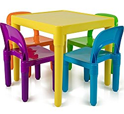 Children and Kids Table and Chairs Set | Includes 4 Plastic Chairs and 1 Art Craft Study Activity Table – Living Room Furniture – Picnic Table – Educational Learning Set – BPA FREE