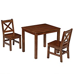 eHemco Kids Table and Chairs Set Solid Hard Wood with X Back Chairs (3, Coffee)