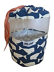 PEEK-A-BAGS Toy Storage Bag For Organizing Kid’s Toys With Unique Colorful Drawstring bag. Perfect For a Gift Bag. (Mini, Blue & White Whales)