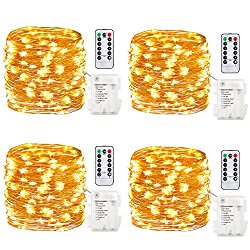 GDEALER 4 Pack Fairy Lights Fairy String Lights Battery Operated Waterproof 8 Modes 50 LED 16.4ft String Lights Copper Wire Firefly Lights Remote Control for DIY Wedding  Party Dinner (Warm White)