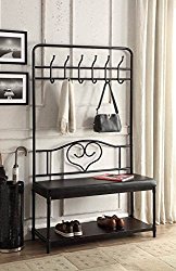 Black Metal and Bonded Leather Entryway Shoe Bench with Coat Rack Hall Tree Storage Organizer 12 Hooks – 40″ Wide Bench