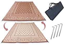 Redwood Mats Patio Mat 9′ X 12′ Beige Reversible Outdoor Rug Camping Rv Mat Indoor (With Ground Stakes & Carry Bag)