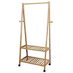 SONGMICS Multifuctional Bamboo Garment Laundry Rack with 4 Coat Hooks 2-tier Shoe Clothes Storage Shelves URCR52N
