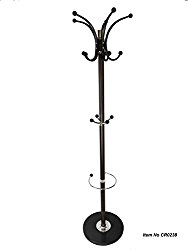 Uniware Heavy Duty Metal Coat Rack with PVC Coated with Umbrella Stand, 14 Hooks, 70 Inch, Stable Marble Base Stand, Brown
