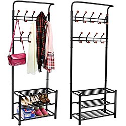 Yaheetech Metal Multi-purpose Garment Rack Coat Clothes Stand 3-Tier Shoes Shoes Rack Umbrella Stand With Hanging Hooks Black