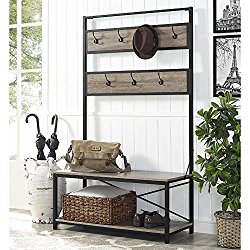 WE Furniture Industrial Metal and Wood Hall Tree in Driftwood – 72″