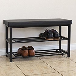 Best Choice Products 2-Tier Metal Storage Bench Shoe Rack Organize W/ Leather Top- Black