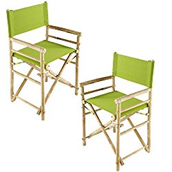 Zew Hand Crafted Foldable Bamboo Director’s Chair with Treated Comfortable Canvas, Set of 2 Folding Chairs, Green