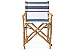 Zew Hand Crafted Foldable Bamboo Director’s Chair with Treated Comfortable Striped Canvas, Set of 2 Folding Chairs, Navy/White