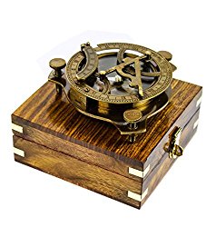 5″ Triangular Beautiful Nautical Sundial Compass With Level Meter Encased In Genuine Rosewood Anchor Inlaid Case | Maritime Decor Gifts | Nagina International (Antique Brass)