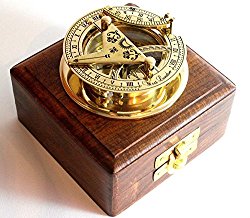 BRASS SUNDIAL COMPASS -Solid Brass Pocket Sundial – West London With Wooden Box