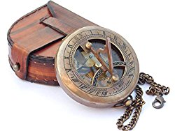 Neo Brass Sundial Compass With Leather Case And Chain Push Button