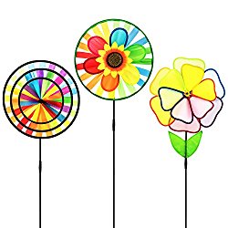 Pinwheel 3 Pack Made of Durable 100% Weatherproof Nylon and Fiberglass | Rainbow Colored spinner for Gardens dance in the slightest of breezes.
