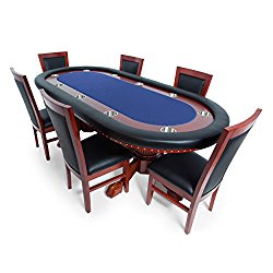 BBO Poker Rockwell Poker Table for 10 Players with Blue Felt Playing Surface, 94 x 44-Inch Oval, Includes 6 Dining Chairs