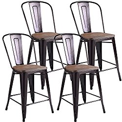 Costway 23.6″ Copper Set of 4 Metal Wood Counter Stool Kitchen Dining Bar Chairs Rustic