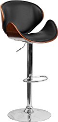 Flash Furniture Walnut Bentwood Adjustable Height Barstool with Curved Back and Black Vinyl Seat