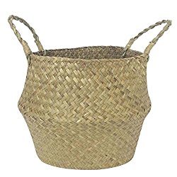 Storage Basket Seagrass, Molie Hand-Woven Foldable Storage Seagrass Belly Basket with Handle for Storage, Laundry, Picnic, Plant Pot Cover, and Beach Bag