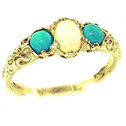 10k Yellow Gold Natural Opal & Turquoise Womens Trilogy Ring – Sizes 4 to 12 Available