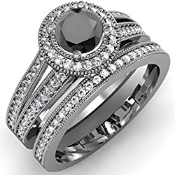1.25 Carat (ctw) Black Rhodium Plated 10K White Gold Round White And Black Diamond Halo Bridal Ring Set