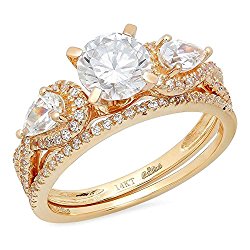 Clara Pucci 1.9 CT Round And Pear Cut Pave Halo Bridal Engagement Wedding Ring band set 14k Yellow Gold