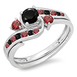 10K Gold Round Black Diamond & Red Ruby Ladies Swirl Bridal Engagement Ring Band Set