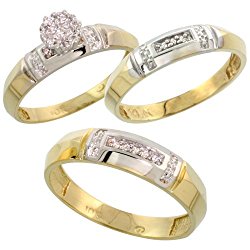10k Yellow Gold Diamond Trio Engagement Wedding Ring Set for Him and Her 3-piece 4.5 mm & 4 mm wide 0.10 cttw Brilliant Cut, ladies sizes 5 – 10, mens sizes 8 – 14