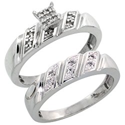 Sterling Silver Ladies 2-Piece Diamond Engagement Wedding Ring Set Rhodium finish, 3/16 inch wide