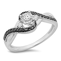 0.33 Carat (ctw) 10K Gold Round Cut Black & White Diamond Twisted Swirl 3 Stone Engagement Ring 1/3 CT