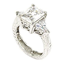 Sterling Silver Vintage Engagement Ring w/Radiant & Trilliant White CZs