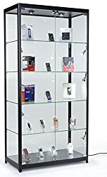 Tempered Glass Curio Cabinet With 8 Halogen Lights, 78 x 40 x 16.5-Inch, Free-Standing, Locking Hinged Doors, Floor Levelers And 4 Green Edge Glass Shelves – Black, Aluminum