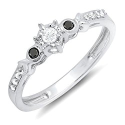 0.20 Carat (ctw) 18k White Gold Round Black And White Diamond 3 Stone Ladies Bridal Promise Ring 1/5 CT