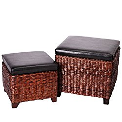 Eshow Ottoman Storage Foot Rest Hassocks Rattan Cube Decoration Furniture Foot Stools Leather Ottoman Seating Storage Bench 2-Piece,Brown