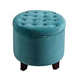 Kinfine Velvet Tufted Round Storage Ottoman with Removable Lid, Teal