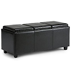 Simpli Home Avalon Faux Leather Rectangular Storage Ottoman with 3 Serving Trays, Large, Black