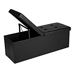 SONGMICS Folding Storage Ottoman Bench with Flipping Lid, Faux Leather Storage Chest with Iron Frame Support, Black ULSF75BK