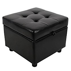 Tufted Leather Square Flip Top Storage Ottoman Cube Foot Rest (Black)