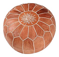 La Bohemia | Beautiful Handmade Real Leather Footstool from Marrakech | Colour Tan Brown with White Stitching | Delivered unstuffed 22” x 12”inches
